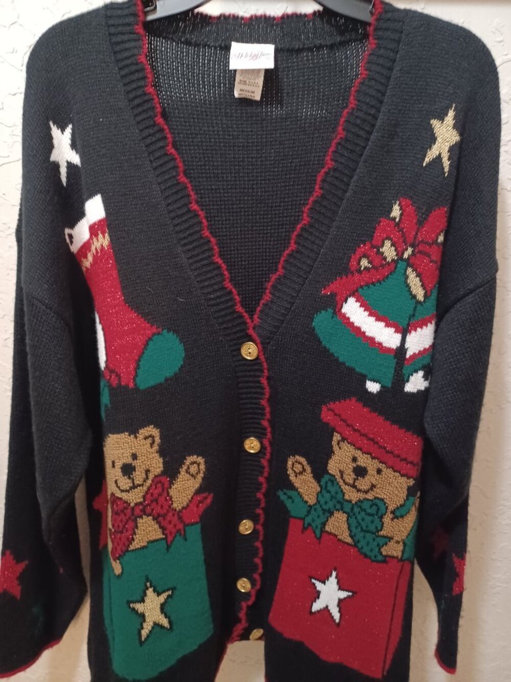 Vintage Holiday Time Christmas Teddy Bear Sweater M Oversized Black Cardigan